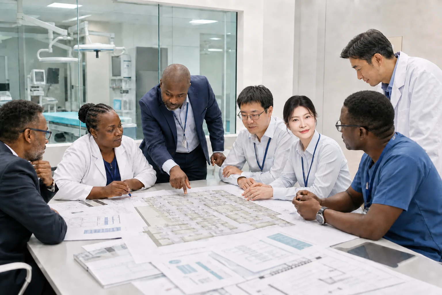 African and Chinese medical professionals reviewing a hospital department plan together.