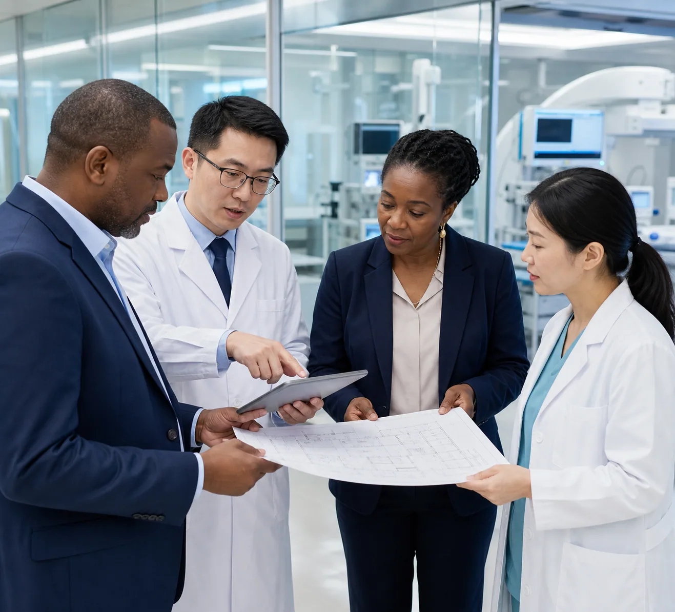 African hospital representatives and Chinese medical professionals reviewing a clinical department plan.