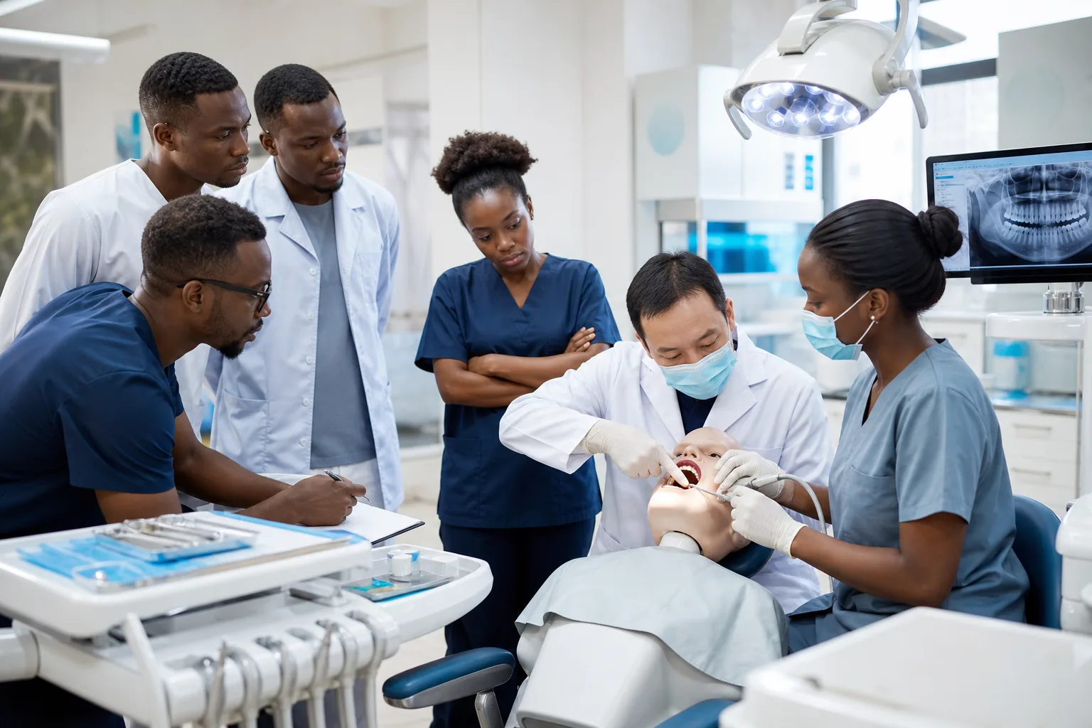 Dental professionals providing care in a modern treatment room.