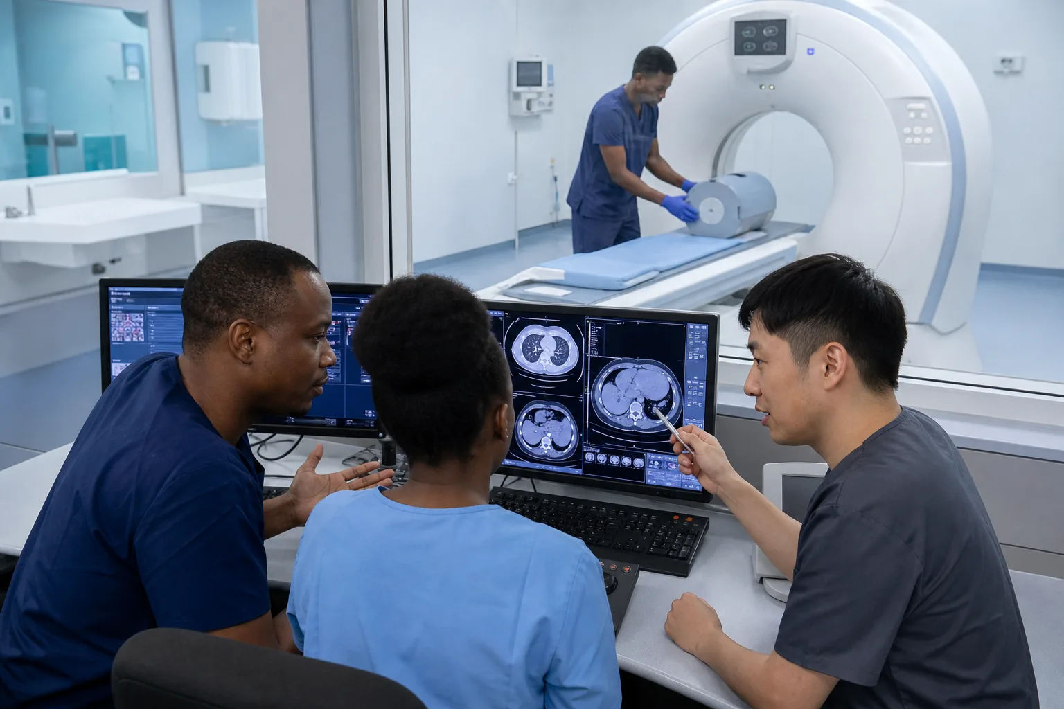 Medical professionals reviewing diagnostic imaging in a clinical department.