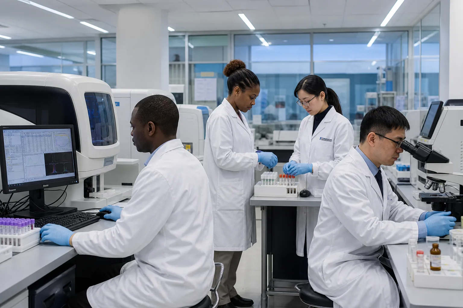 Laboratory professionals working with diagnostic equipment and samples.