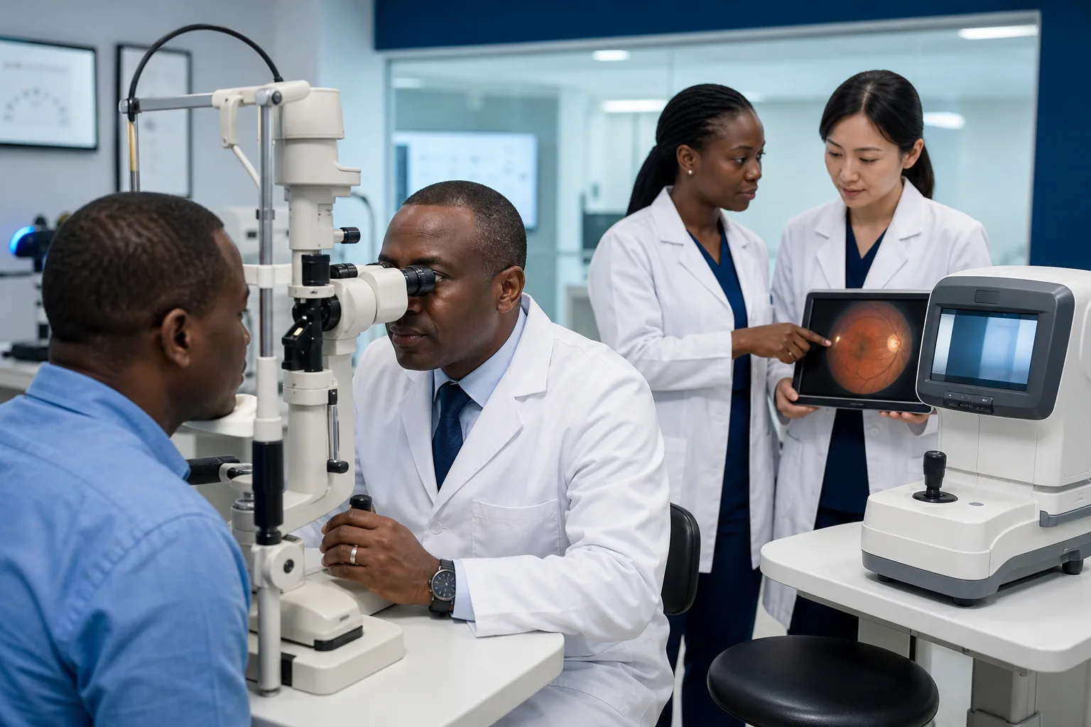Eye-care professionals conducting an ophthalmology examination.